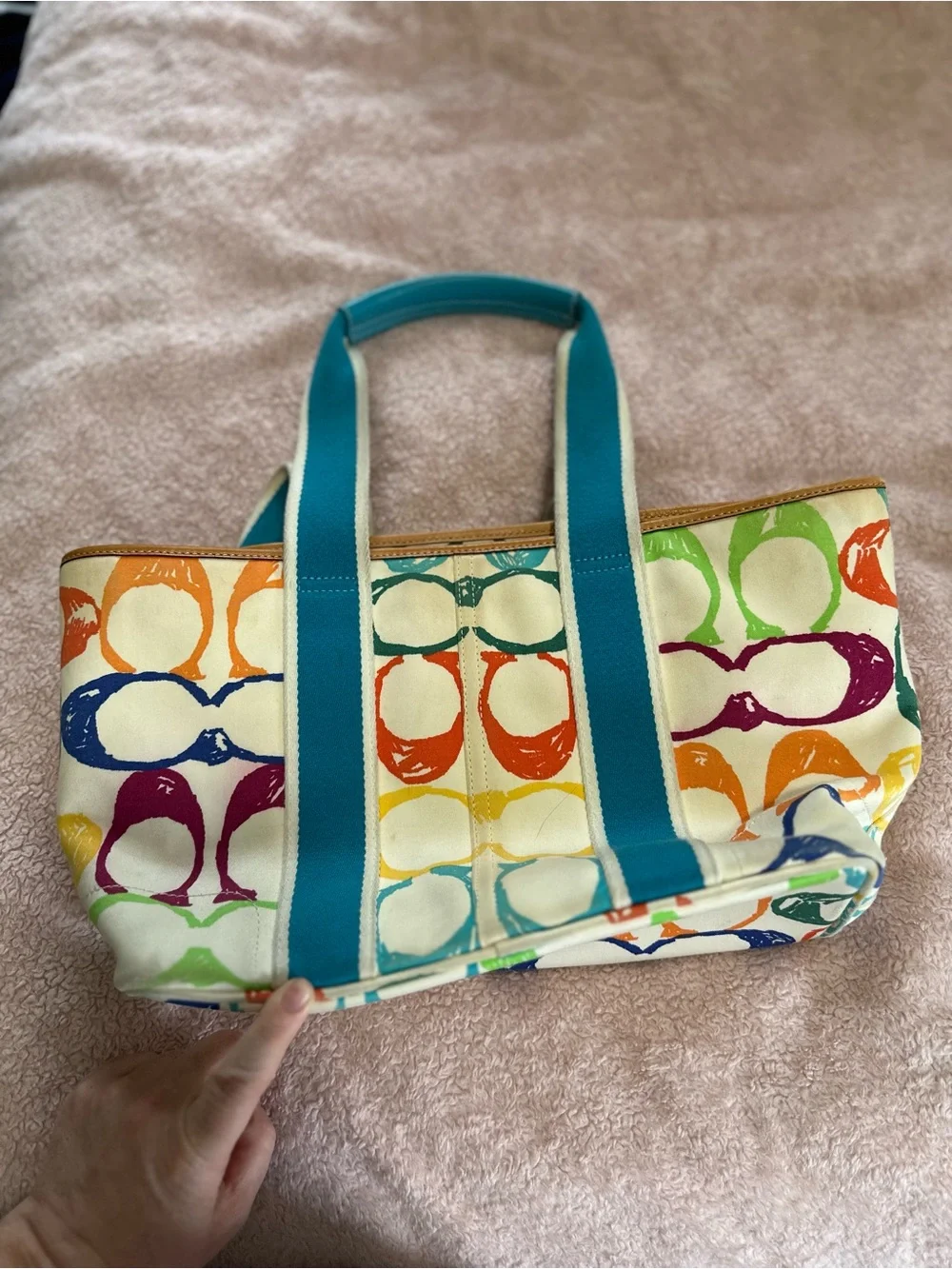 Coach Multicolor Signature Tote with Teal Straps